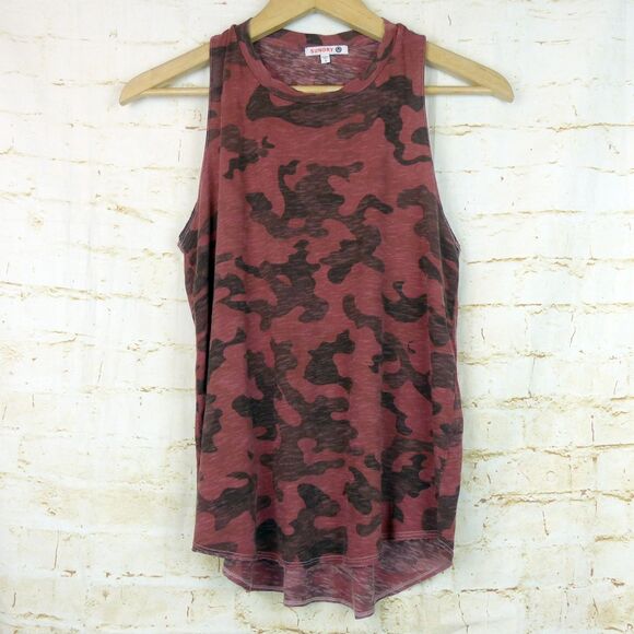 Sundry Tank Top Women 1 S Red Camo Print Racerback Slub Cotton Raw Hem USA Rock - Picture 3 of 12